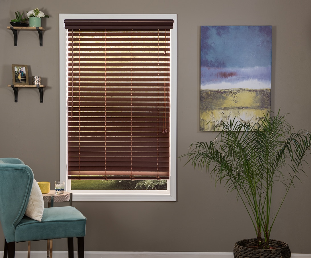 Variable Light Control Faux Wood Simply Brown 23W X 64H 23W X 64H FWSB2364 Chicology Faux Wood Blinds / window horizontal 2-inch venetian slat